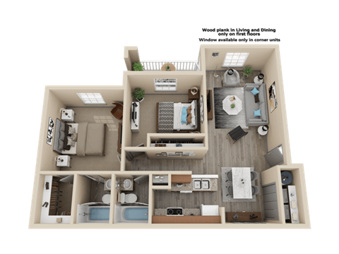 Floor plan for 2 beds, 2 baths, 963 sqft